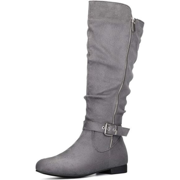 Women's Knee High Boots Flat Warm Winter Boots with Side Zipper, Gray - Picture 1 of 6